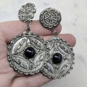 Vintage Large Silver Clip Earrings with Scroll Work, Etruscan Look